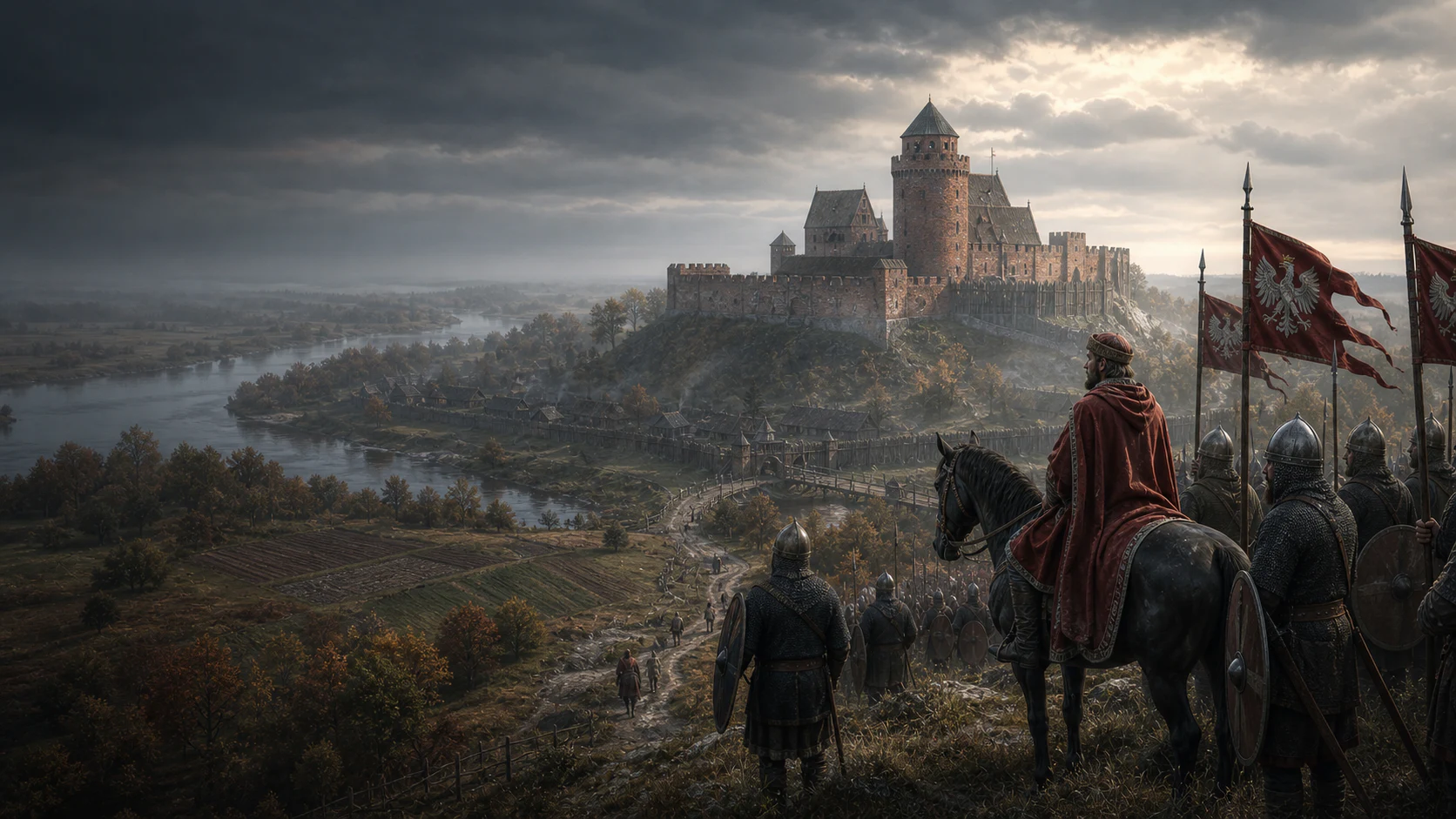 Polish banners and mounted warriors beside a Piast castle and Vistula landscape