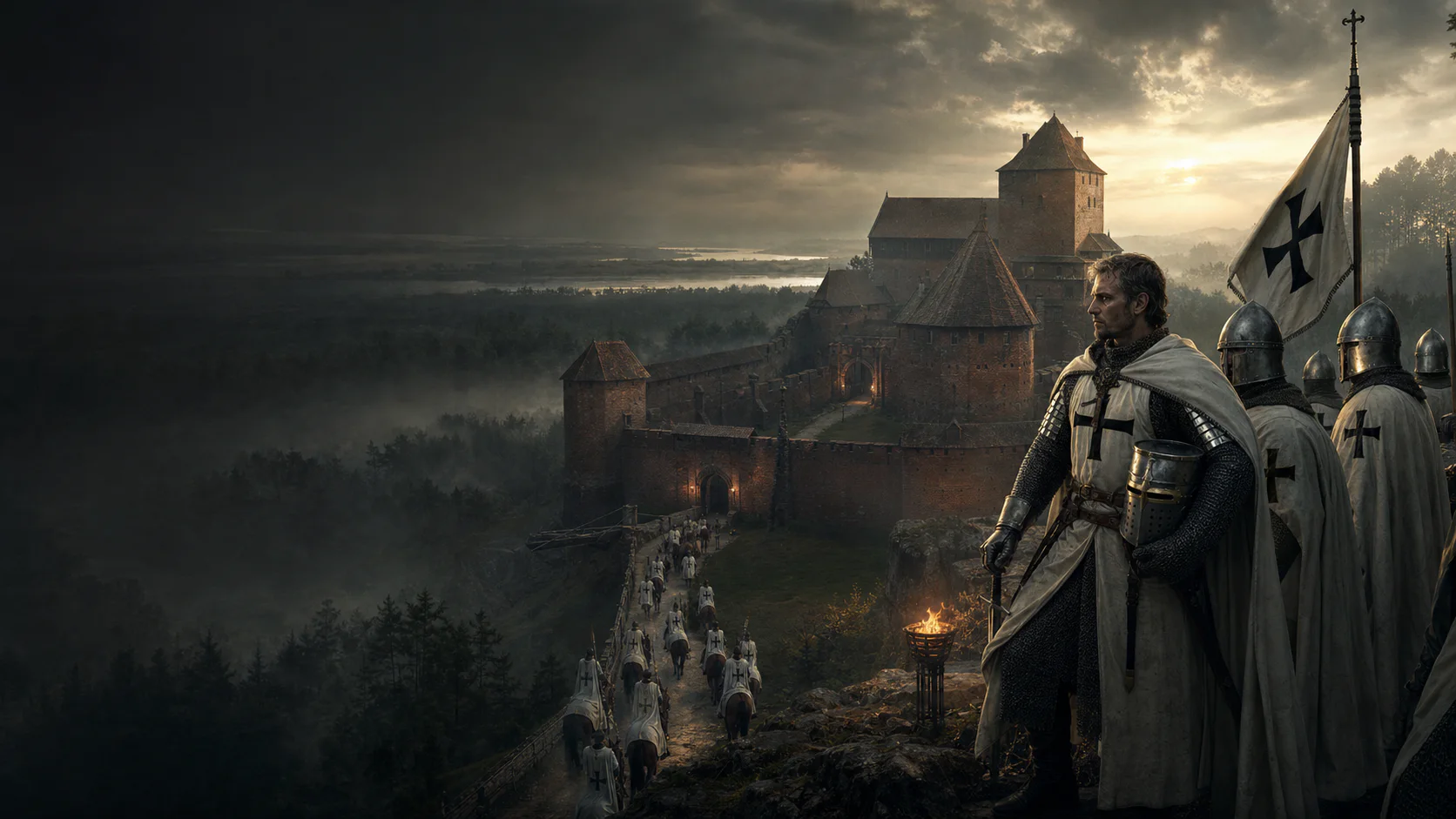 Teutonic Order knights and a fortified brick commandery on the Baltic frontier