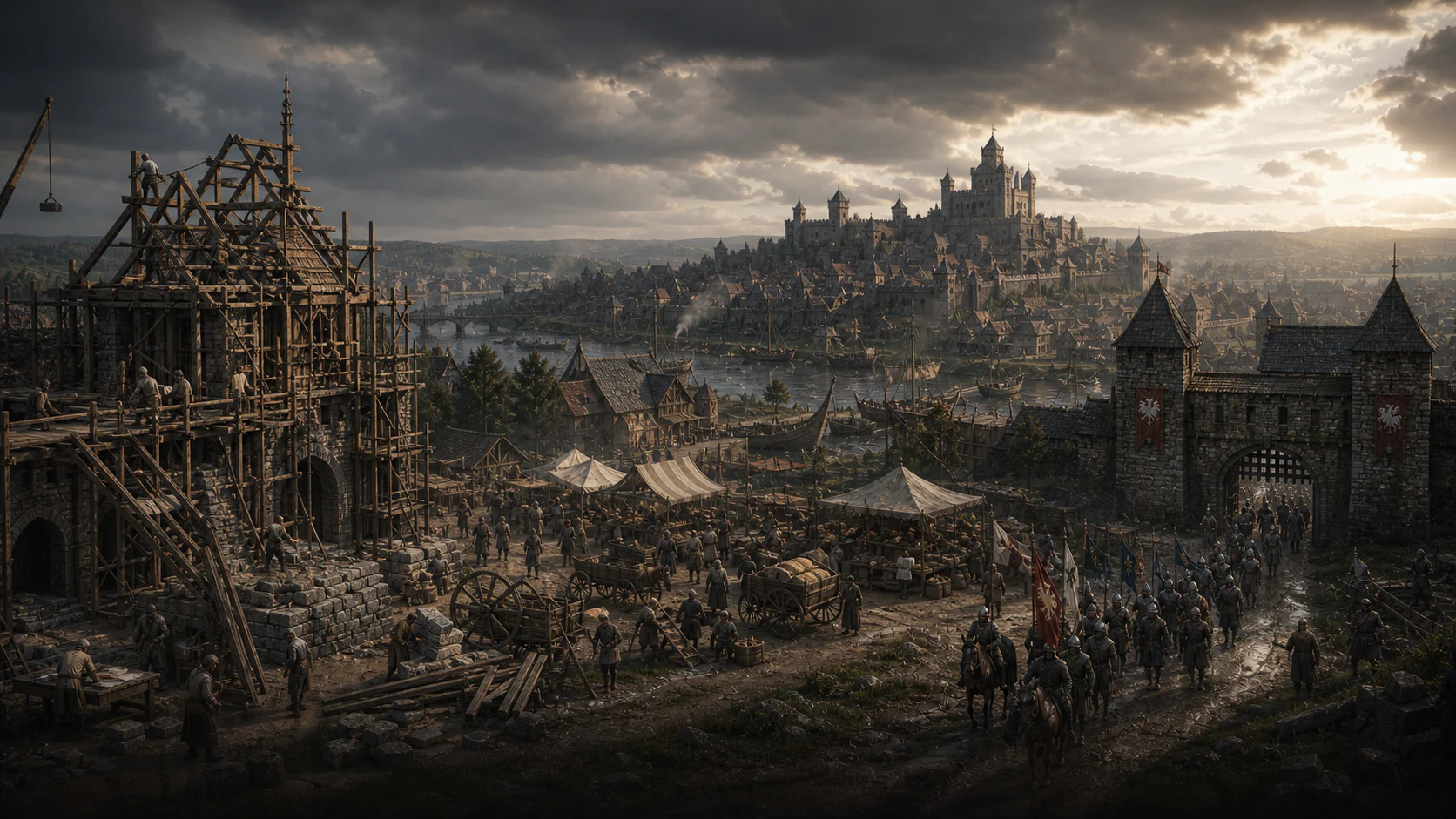 A developed medieval settlement with workshops, walls and a central stronghold